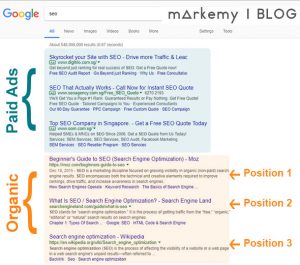Markemy Blog Image - A typical SERP page with paid ads and organic results